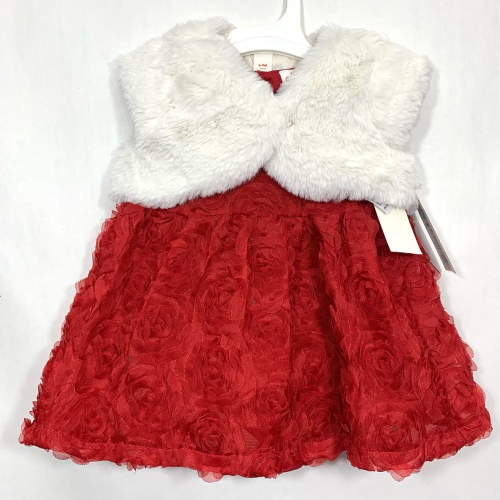 Cat & Jack Baby Girl Red / White 3Pcs Christmas Sleeveless Roses Dress With Vest